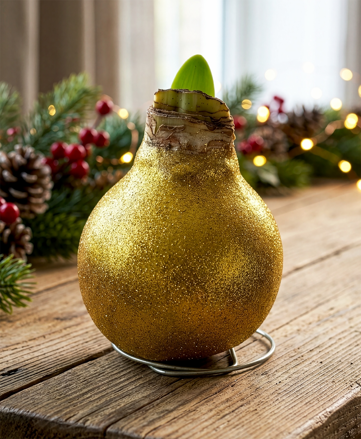 Gold Glitter Waxed Amaryllis with White Flower