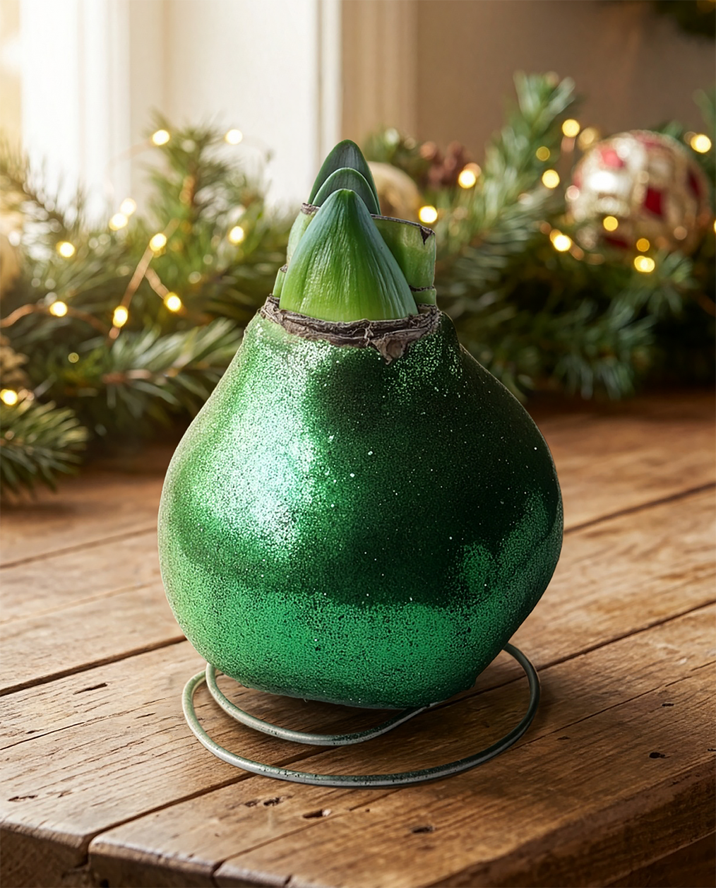 Green Glitter Waxed Amaryllis with White Flower