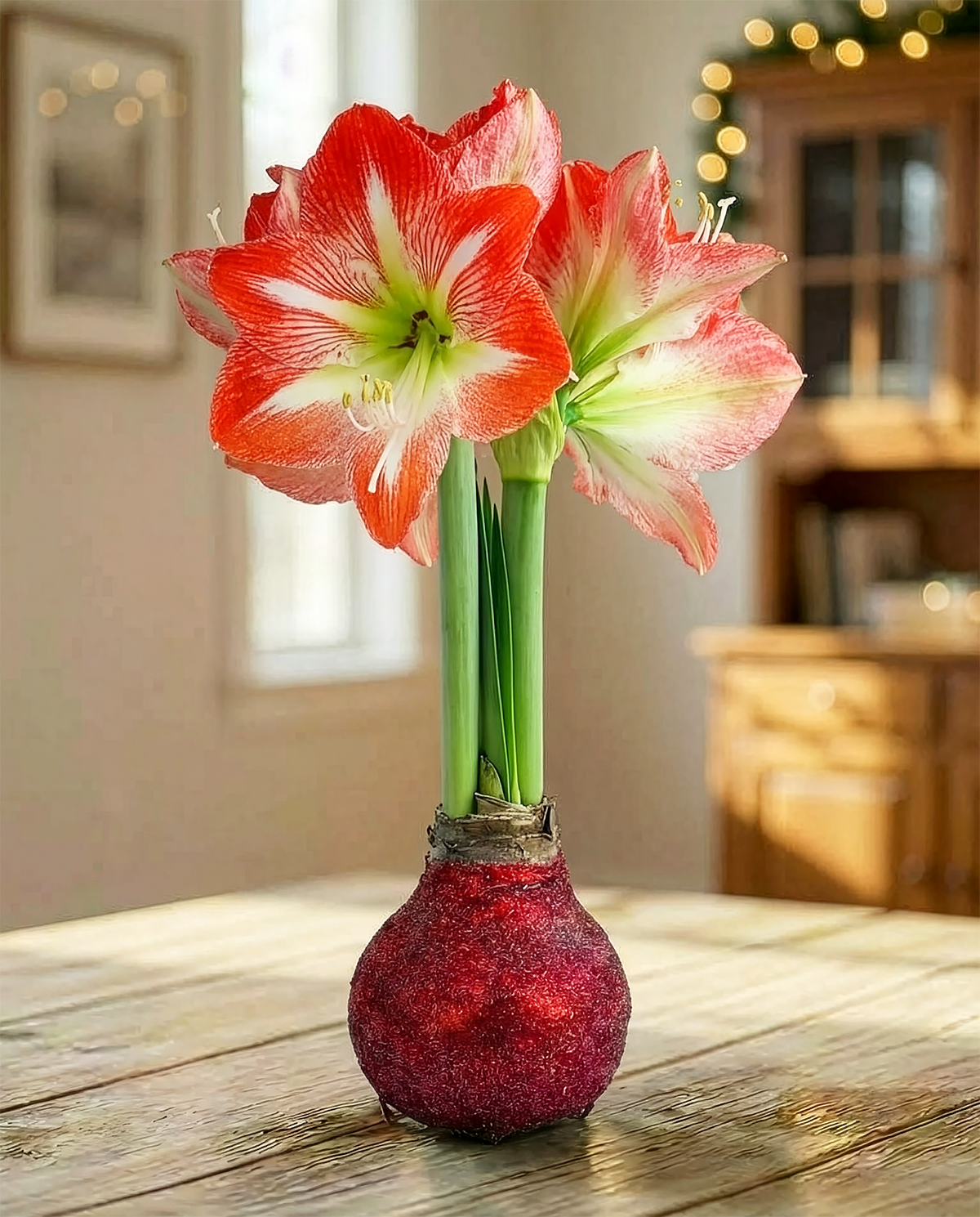 Red Glitter Waxed Amaryllis with Red and White Striped Flower