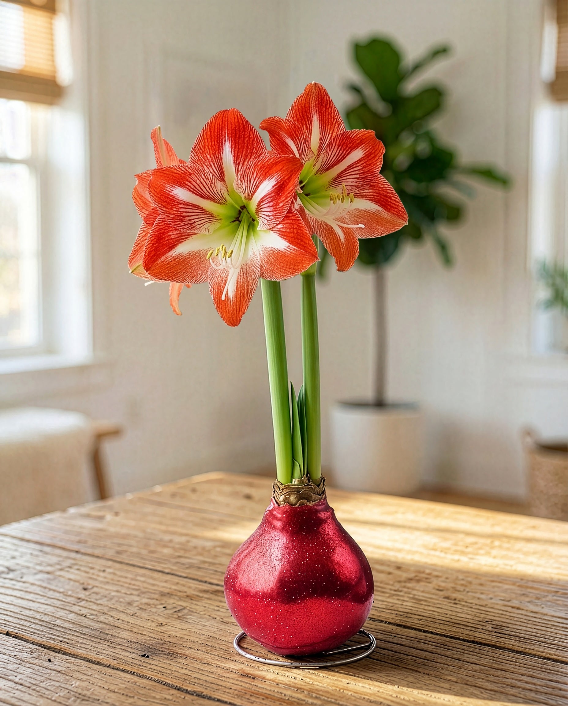 Red Glitter Waxed Amaryllis with Red and White Striped Flower