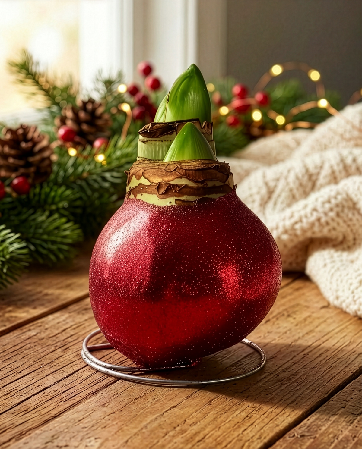Red Glitter Waxed Amaryllis with Red and White Striped Flower