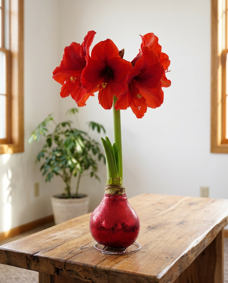 Red Glitter Waxed Amaryllis with Red Flower